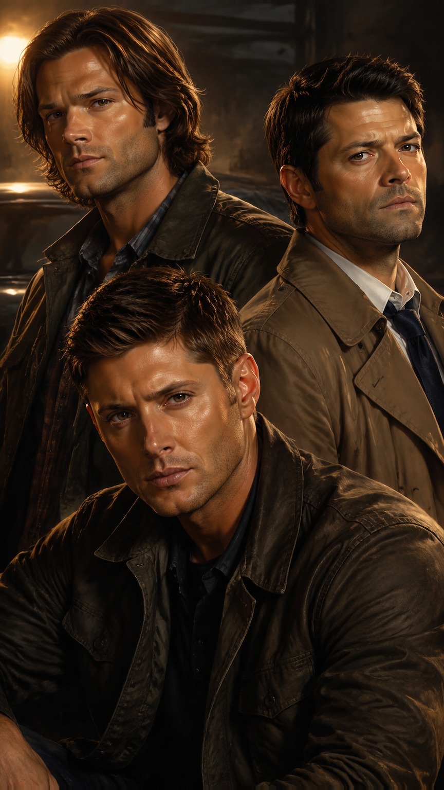 Castiel and Sam and Dean Winchester